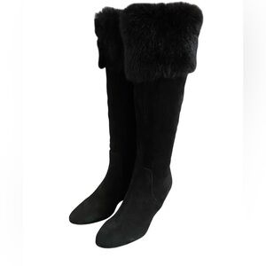 Black Faux Fur Trim Suede Knee-High Heeled Boots